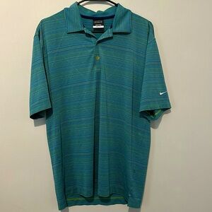 Mens Nike‎ Golf Dri-Fit Blue/Green Geometric Striped Short Sleeve Polo Size Med